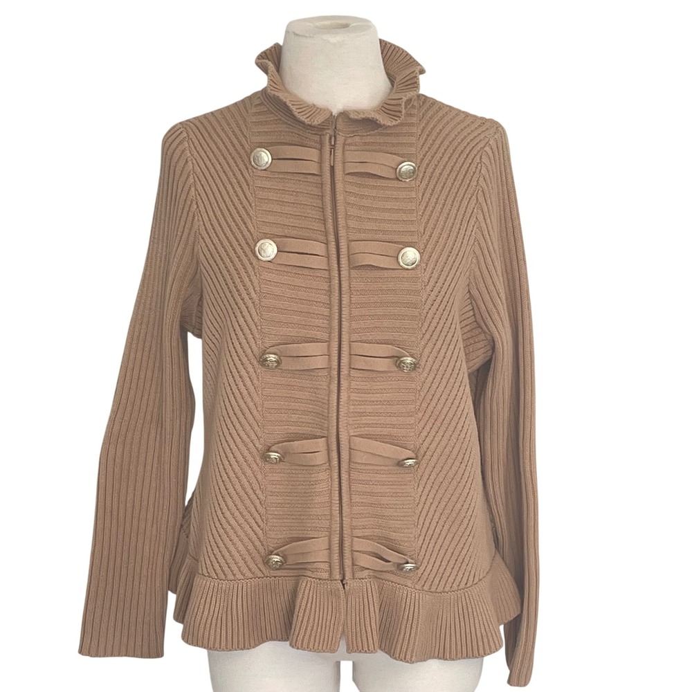 ROAMANS Womens Military Style Cardigan‎ Sweater Beige Ruffle Collar Buttons